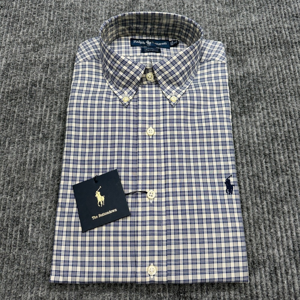 NWT Vintage Ralph Lauren Yarmouth Shirt Mens Sz 15 32/33 Blue Plaid Button Down